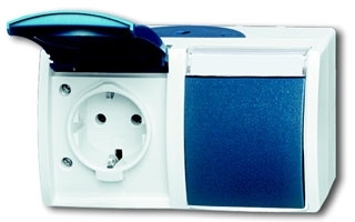 ABB 2084-0-0703 Розетка SCHUKO 16А 250В IP44, двойная, горизонтальная, с полем для надписи, для открытого монтажа, серия ocean, цвет серый/сине-зелёный
