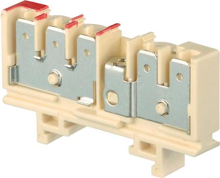ABB 1SNA160564R0100 beige Railway Terminal Blocks HD6/9.2G.3G 2 circuits. 1 terminal block with 3 tabs for 6,3 x 0,8 mm (.248" x .031") quick connect, marked in red.  1 terminal block with 2 tabs for 6,3 x 0,8 mm (.248" x .031") quick connect with possible testing and transverse connection