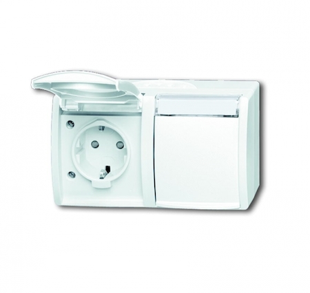 ABB 2084-0-0723 Розетка SCHUKO 16А 250В IP44, двойная, горизонтальная, с защитными шторками, для открытого монтажа, серия ocean, цвет альпийский белый