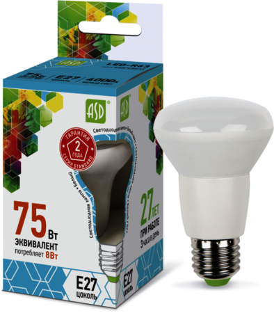 4690612001593 Лампа светодиодная LED-R63-standard 8Вт 230В Е27 4000К 720Лм ASD