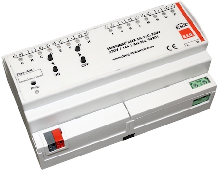 BEG 90201 Релейный актуатор KNX, 16-канальный, выход 230В~ /10А, емкостная нагрузка до 21 мкФ, на DIN рейку, 8TE / IP20 / белый
