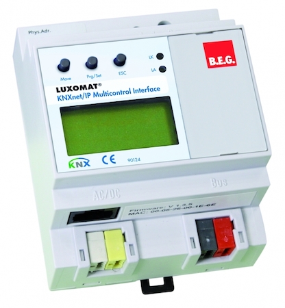 BEG 90124 Интерфейс данных KNX-IP для KNX, ЖК дисплей, 3 кнопки для параметризации, логические функции, сценарии, таймеры, сообщения об ошибках, на DIN рейку, 4TE / IP20 / белый