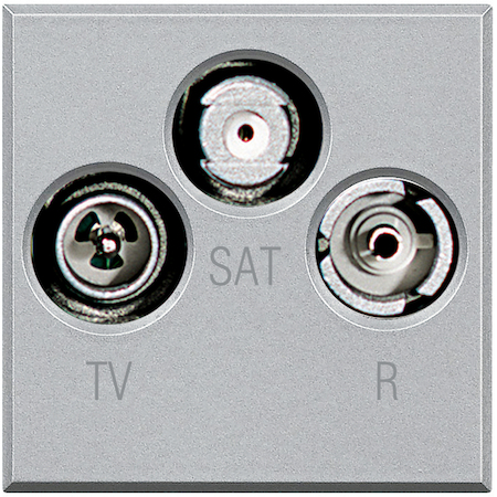 BTicino HC4210D Axolute Экранированная коаксиальная розетка, штыревой TV разъем ? 9,5 мм, гнездовые разъемы SAT и RD ? 9,5 мм, для установки в монтажные коробки арт. 503Е, 504Е, 506L, цвет алюминий