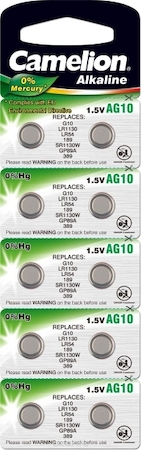 Фото Camelion 12818 Элемент питания алкалиновый "таблетка" G10 Mercury Free AG10-BP0%Hg 389A/LR1130/189 BL-10 (блист.10шт)