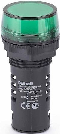 25118DEK Лампа комм. ADDS ?22 мм LED зел. 220В AC/DC ЛK-22 DEKraft