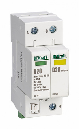 DEKraft 18014DEK Ограничитель перенапряжений 1P+N 20кА класс D 275В
