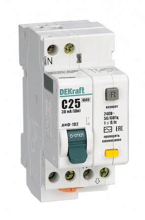 DEKraft 16005DEK АВДТ 1Р+N 25А 30мА тип AC х-ка С ДИФ-102 нов. 4,5кА