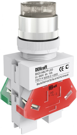 25137DEK Выкл. кноп. с фикс. ABFP ?22 мм бел. LED 220В ВK-22 DEKraft