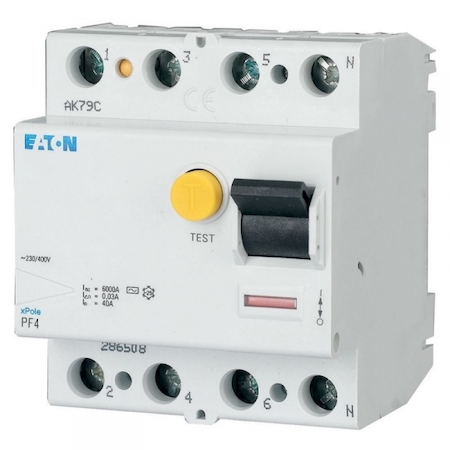 EATON 0000286508 Устр-во защитного отключения 40/0,03А (АС), 4 полюса, устойчивость к импульсному току 250А, устойчивость к КЗ 6 кА