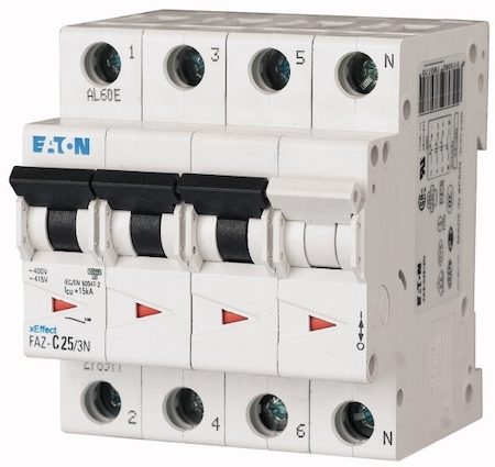 EATON 0000279003 Автоматический выключатель 0.5А, кривая отключения К, 3+N полюса, откл. способность 15 кА