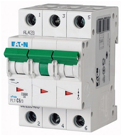EATON 0000263406 Автоматический выключатель 6А, кривая отключения C, 3 полюса, откл. способность 10 кА