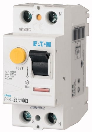 EATON 0000286492 Устр-во защитного отключения 25/0,03А (АС), 2 полюса, устойчивость к импульсному току 250А, устойчивость к КЗ 6 кА