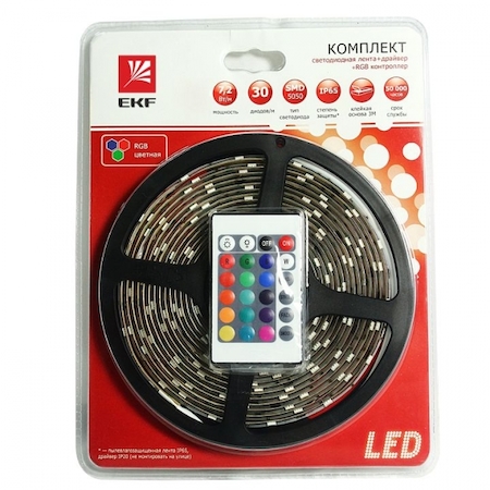 fls-set-5050-30-20-3m-RGB Комплект лента светодиодная FLS-5050 30 сд/м 7,2Вт 12В IP20 3м RGB, драйвер и ИК контроллер EKF Simple
