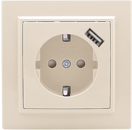 ERR16-028-200-USB Розетка 1-местная СП с/з Минск 16А бежевая с защ. штор. с USB 1А EKF