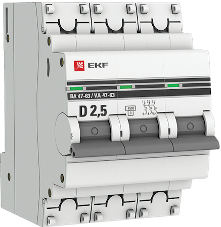 mcb4763-3-2.5D-pro Автоматический выключатель 3P  2,5А (D) 4,5kA ВА 47-63 EKF PROxima