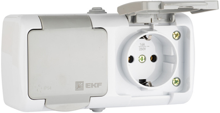 EFR16-129-30-54 Мурманск Розетка 2-местная 16А с заземлением с крышкой IP54 серый с защитными шторками EKF