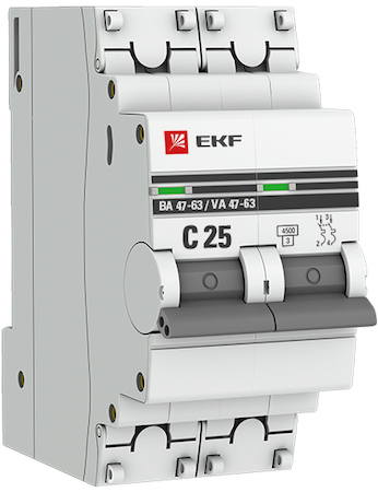 Фото EKF mcb4763-2-25C-pro Автоматический выключатель 2P 25А (C) 4,5kA ВА 47-63 PROxima