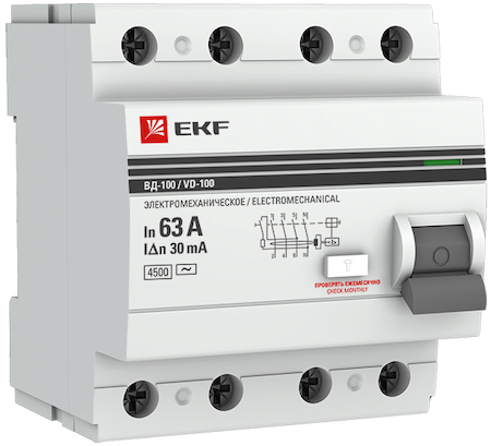 Фото EKF elcb-4-63-30-em-pro Устройство защитного отключения УЗО ВД-100 4P 63А/30мА (электромеханическое) PROxima