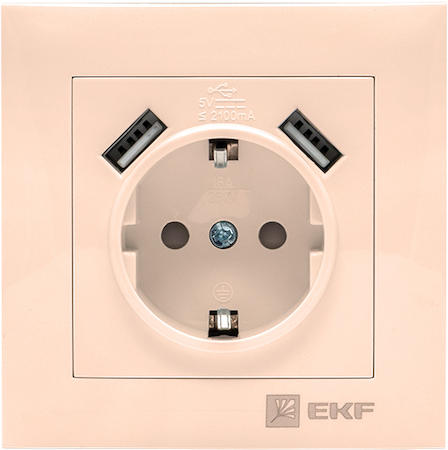 EWR16-028-20-2USB Валенсия розетка 1-местная с/з 16А кремовая с защ. штор. с 2 USB 2,1А EKF PROxima
