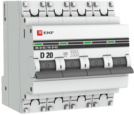 mcb4763-4-20D-pro Автоматический выключатель 4P 20А (D) 4,5kA ВА 47-63 EKF PROxima