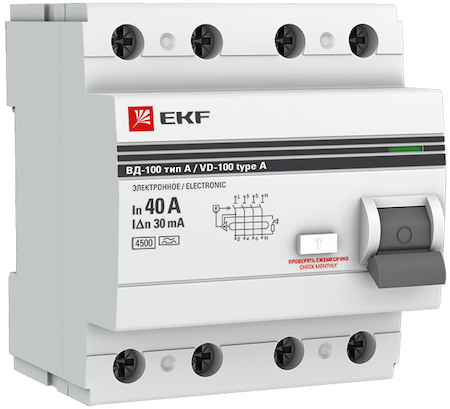 elcb-4-40-30-e-a-pro Устройство Защитного Отключения ВД-100 4P 40А/ 30мА (электр, тип А) EKF PROxima