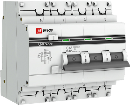Фото EKF DA32-63-100-4P-pro Дифавтомат PROxima 3P+N 63А (C) 4.5кА 100мА (AC),