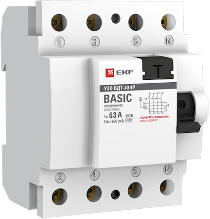 elcb-4-63-300e-sim Устройство защитного отключения УЗО ВДT-40 4P 63А/300мА (электронное) EKF Basic