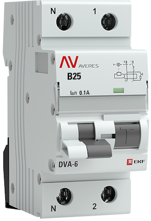rcbo6-1pn-25B-100-ac-av Дифференциальный автомат DVA-6 1P+N 25А (B) 100мА (AC) 6кА EKF AVERES