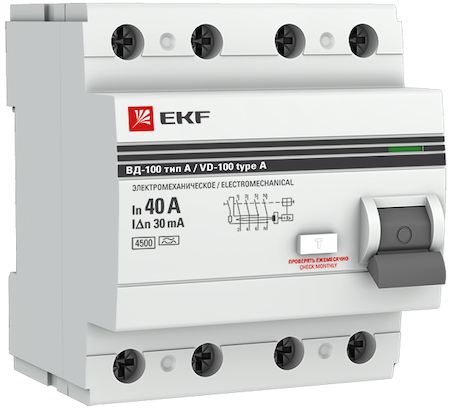elcb-4-40-30-em-a-pro Устройство Защитного Отключения ВД-100 4P 40А/ 30мА (эл-мех, тип А) EKF PROxima