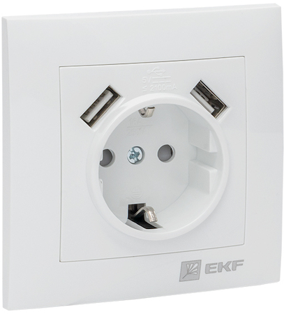 EWR16-028-10-2USB Валенсия розетка 1-местная с/з 16А белая с защ. штор. с 2 USB 2,1А EKF PROxima
