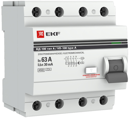 elcb-4-63-30-em-a-pro Устройство Защитного Отключения ВД-100 4P 63А/ 30мА (эл-мех, тип А) EKF PROxima