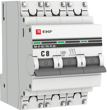 mcb4763-3-08C-pro Автоматический выключатель 3P  8А (C) 4,5kA ВА 47-63 EKF PROxima