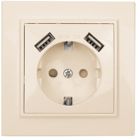 ERR16-028-200-2USB Минск Розетка 1-местная СП с/з 16А бежевая с защ. штор. с 2 USB 2,1А EKF