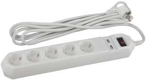 ERA Б0019037 USF-5es-1.5m-USB-W Сет.фильтр ЭРА (белый) с заземл, 3x0,75мм2, с выкл, 5гн+2USB, 1.5м