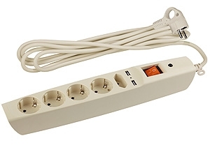 ERA C0043328 SFU-5es-2m-I Сет.фильтр ЭРА (сл. кость) с заземл, 3x0.75мм2, со шт, с выкл, 5гн+2xUSB, 2м, кор