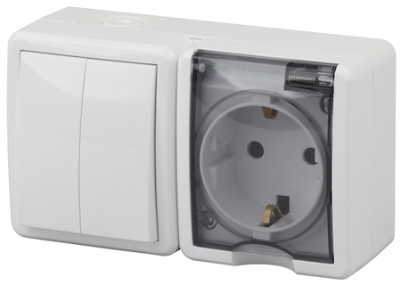 ERA Б0020735 11-7402-01 Эл/ус ЭРА Блок розетка+выключатель двойной IP54, 16A(10AX)-250В, ОУ, Эра Эксперт, белый