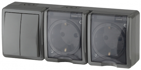 ERA Б0027676 11-7404-03 Эл/ус ЭРА Блок две розетки+выключатель двойной IP54, 16A(10AX)-250В, ОУ, Эра Эксперт, серый