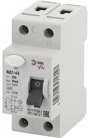 ERA Б0031714 NO-902-24 УЗО Электромеха ЭРА Pro NO-902-24 УЗО ВД1-63 1P+N 25А 30мА