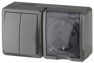ERA Б0020736 11-7402-03 Эл/ус ЭРА Блок розетка+выключатель двойной IP54, 16A(10AX)-250В, ОУ, Эра Эксперт, серый