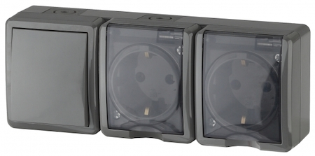 ERA Б0027674 11-7403-03 Эл/ус ЭРА Блок две розетки+выключатель IP54, 16A(10AX)-250В, ОУ, Эра Эксперт, серый