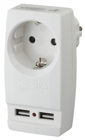ERA Б0027836 SP-1e-USB-I (LM)  ЭРА Адаптер "Polynom" 1гн 220V + 2xUSB 2100mA, c заземл, (сл.кость) (10/60/1440)