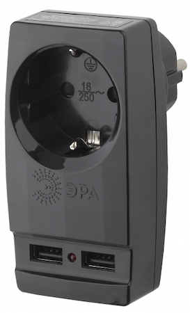 ERA Б0026333 SP-1e-USB-B ЭРА Адаптер "Polynom" 1гн 220V + 2xUSB 2100mA, c заземл, (черный)