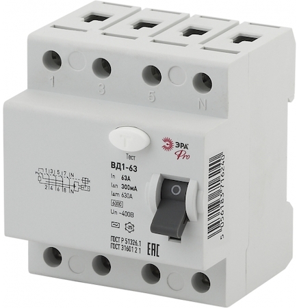 ERA Б0031887 NO-902-43  УЗО Электромеха ЭРА Pro NO-902-43 УЗО ВД1-63 3P+N 16А 30мА