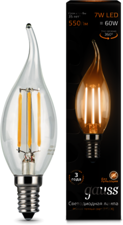 104801107 Лампа Gauss LED Filament Candle tailed E14 7W 2700К 1/10/50