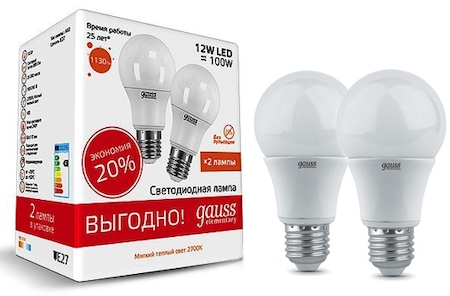 23212P Лампа Gauss LED Elementary A60 12W E27 2700K 1/50 (2 лампы в упаковке)