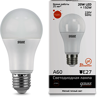 23219 Лампа Gauss LED Elementary A60 20W E27 3000K 1/10/40