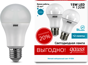 23225Р Лампа Gauss Elementary LED A60 15W E27 4100K 2/100 (2 лампы в упаковке)