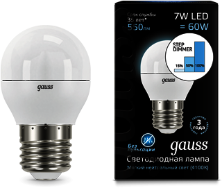 105102207-S Лампа Gauss LED Globe E27 7W 4100K step dimmable 1/10/100