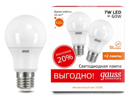 23217P Лампа Gauss LED Elementary A60 7W E27 2700K 2/100 (2 лампы в упаковке)