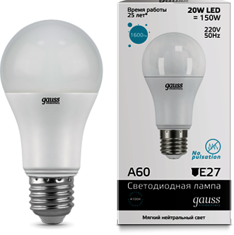 23229 Лампа Gauss LED Elementary A60 20W E27 4100K 1/10/50